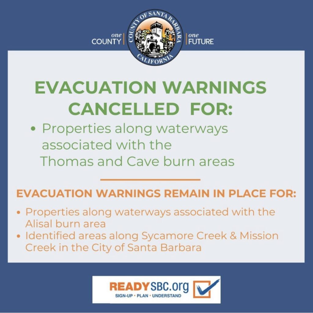 Evacuation Warning lifted for some parts of Santa Barbara County